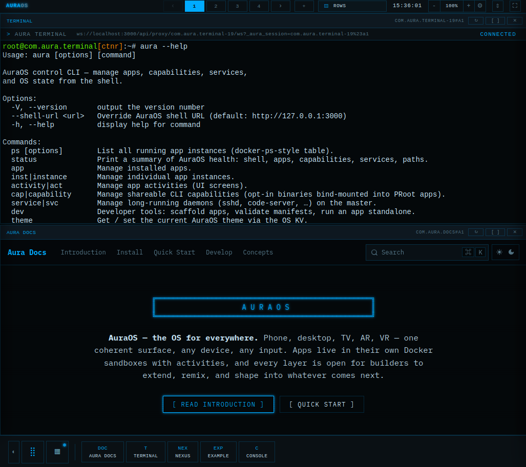 The AuraOS desktop: status bar, dock, and sandboxed apps running in tiled windows.
